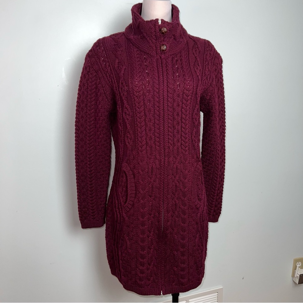 Original Aran Co 100% Merino Will Cable Knit Sweater Coat Burgundy NWOT Size L
